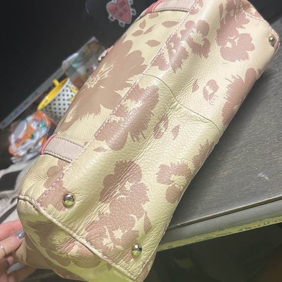 B•Makowsky Tan & Pink Genuine Leather Floral Tote Shoulder Bag EUC - Picture 5 of 7